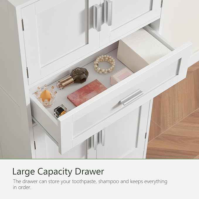 TEENFON Bathroom Storage Cabinet with Adjustable Shelf & Large Drawer, Tall Storage Cabinet with 4 Doors, Kitchen Pantry Storage Cabinets, for Living Room, Dining Room, Home Office, Entryway, White