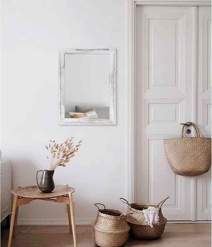 AAZZKANG Mirrors for Wall Rustic Wood Framed Hanging Mirror Decorative for Farmhouse Bedroom Bathroom Living Room Entryway Hallway Small White