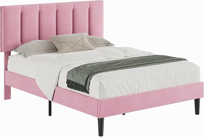 VECELO Full Bed Frame with Upholstered Headboard, Heavy-Duty Platform Bedframe with Strong Wooden Slats Support, No Boxing Spring Needed, Pink