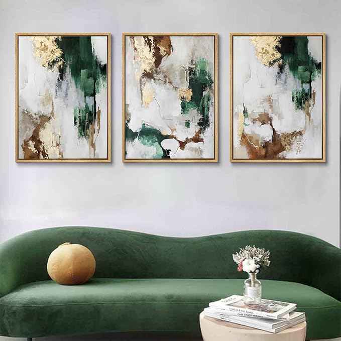3Pcs Green and Gold Canvas Wall Art Abstract Posters Print Brown Abstract And Gray Line Pictures Decor for Living Room Bedroom Bathroom Home Decoration Unframed