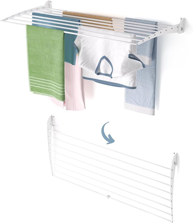 foxydry Fold, Wall Drying Rack, Vertical Drying Rack for Indoor and Outdoor Aluminium and Steel (White, 118 cm / 46.45 in)
