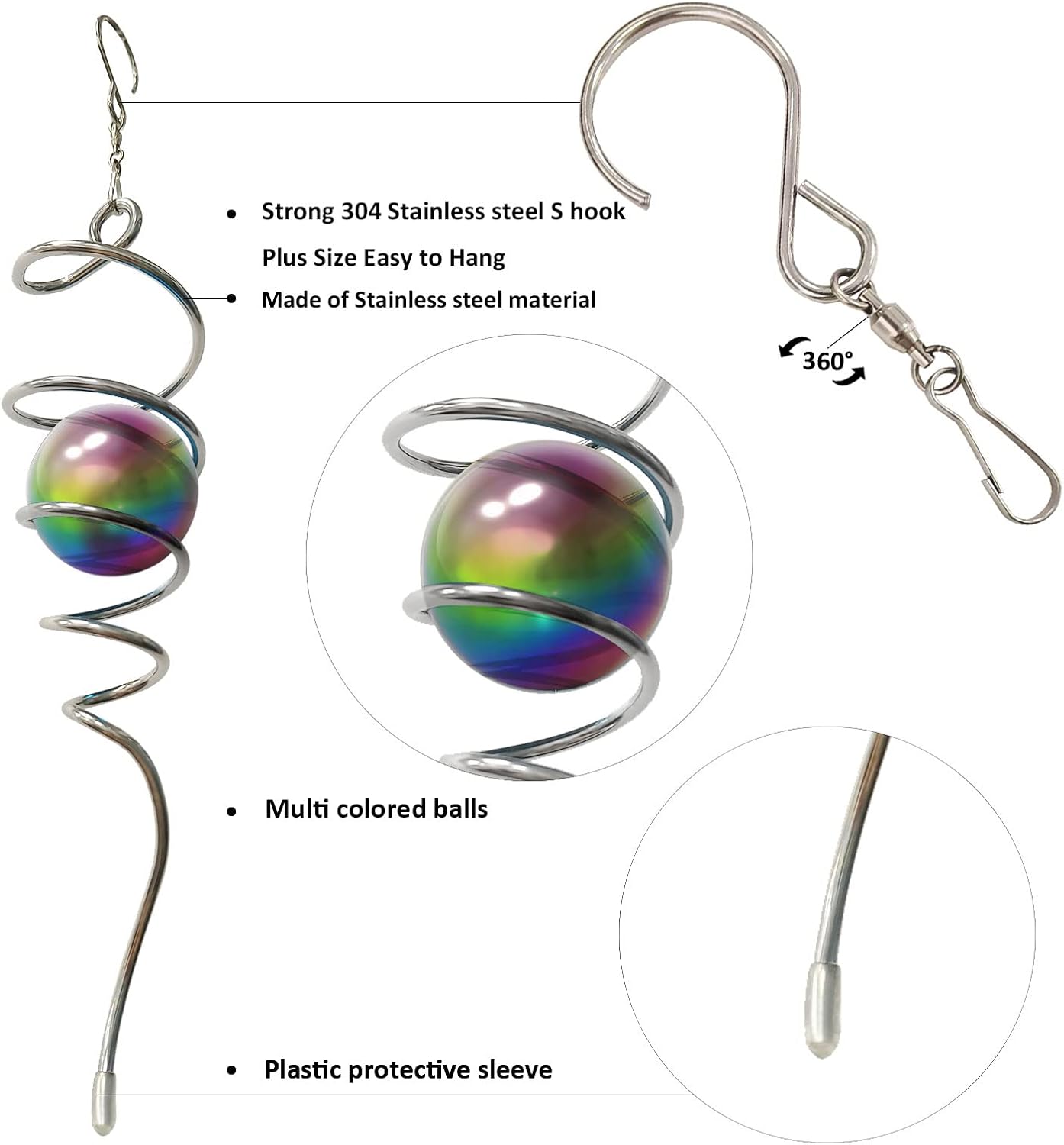 Multi Color Wind Spinner Tail Gazing Ball Spiral Decorative Wind Sculptures - 13in Height