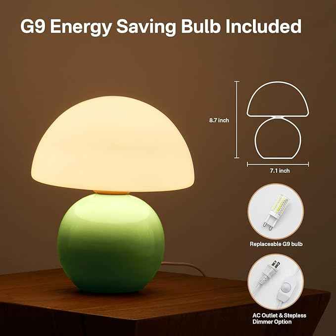 Mushroom Lamp Table Lamp for Bedroom,Desk Bedside Small Lamps for Living Room Night Stands,Mushroom Decor Cute Mini Modern Mid Century Lamps,Unique Aesthetic Home Living Room Decor(Green)