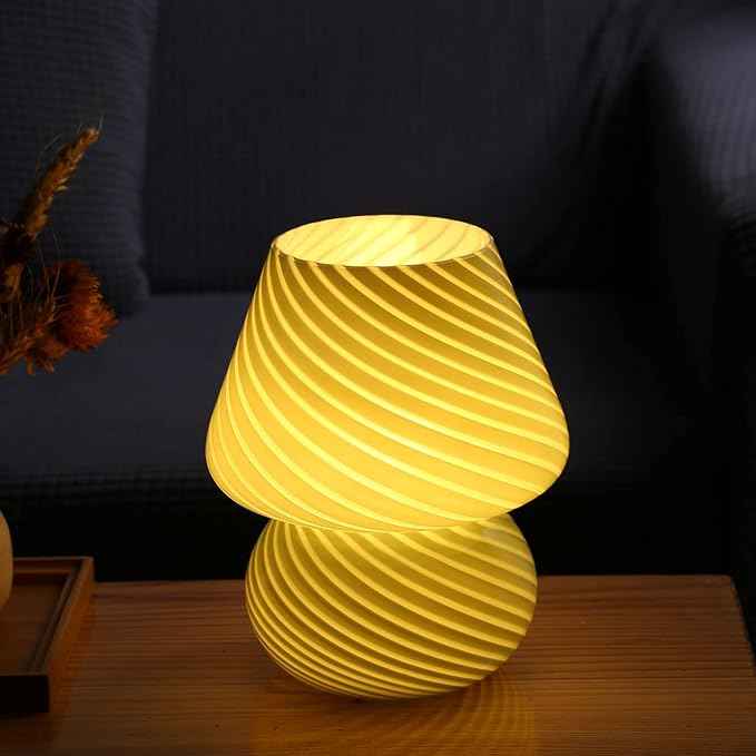 Glass Mushroom Bedside Table Lamp, Yellow Translucent Murano Vintage Style Striped Small Nightstand Desklamp Swirl Light for Home Decor, Dining, Living, Bedroom, Gift (Stripe Yellow)