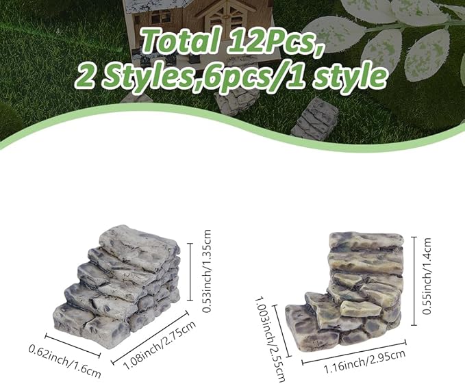 SUPERFINDINGS 12Pcs 2 Styles Miniature Steps Decoration Miniature Stone Stairs Resin Steps Mini Lighthouse Water Well Bridge Figurines for Garden DIY Kit Statues