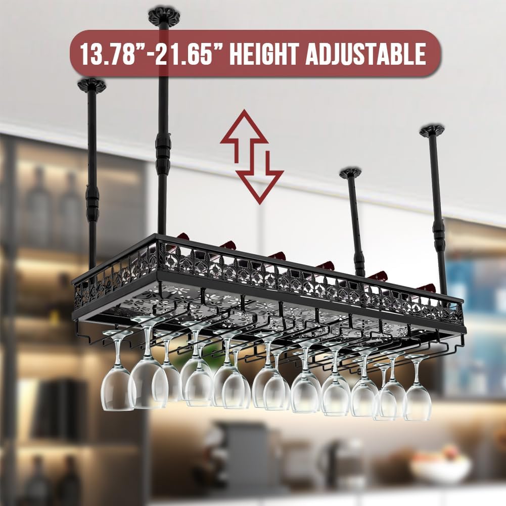 Hanging Wine Rack with Glass Holder, Ceiling Wine Glass Rack 13.78-21.65 inch Height Adjustable Industrial Hanging Wine Rack Ceiling Mounted Metal Wine Shelf Holder for Bar Cafe Kitchen (black)