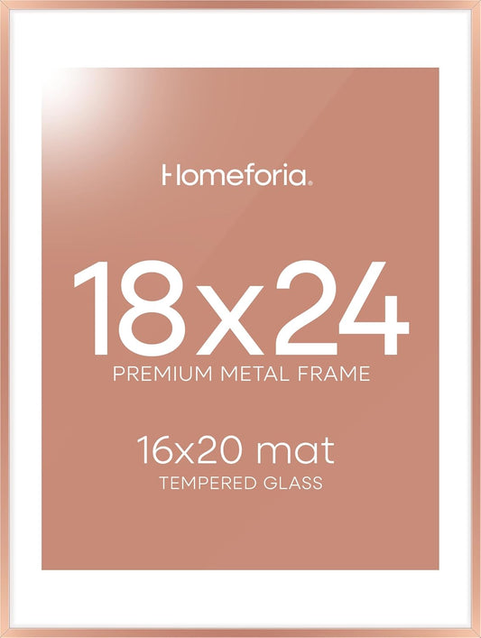 Homeforia 18x24 Frame Rose Gold, High End Metal 18x24 Poster Frames with Mat 16x20 inch Photo, 18 x 24 Rose Gold Picture Frame Matted to 16 by 20 Print, 24x18 Frame, Tempered Glass, Wall Kit, Set of 1