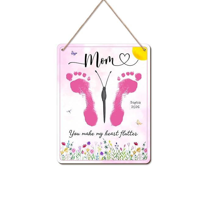 DIY Mothers Day Footprints Butterfly Craft Wooden Hanging Sign, Babys First Mothers Day Butterfly Footprint Keepsake Gifts, You Make My Heart Flutter Crafts Gift for 1st New Mom from Kid PreK Activity