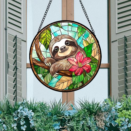 Stained Glass Window Hanging Sloth Flower Suncatcher Gifts for Women 15"