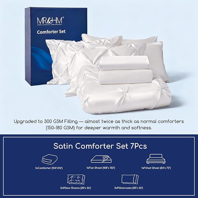 MR&HM Satin Comforter California King 7 Pieces Ivory - Luxurious Pinch Pleat Bedding Set with Comforter, Flat Sheet, Fitted Sheet, Pillowcases & Shams, Super Silky Soft Bed Set for All Season