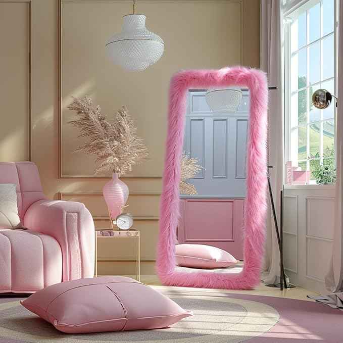 Full Length Mirror Free Standing Furry Faux Fur Framed Full Body Floor Mirror Wall Mounted Leaning Hanging Wall for Bedroom Hallway Entrance, 71"x32", Pink