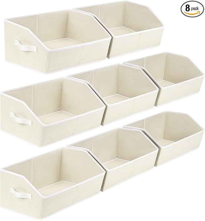 Closet Organizers and Storage Bins - Large Fabric Storage Bins, Decorative Storage Baskets for Organizing, Trapezoid Foldable Basket for Clothes, Books, Home, 8 Pack, Beige