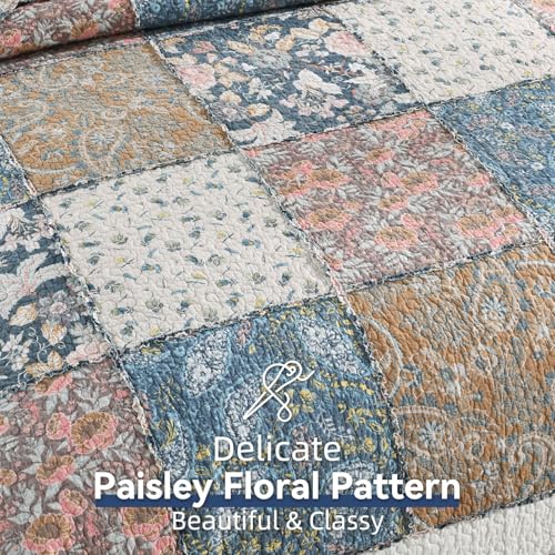 3 Piece Quilt Set King Size Quilted Bedspread Reversible Country Style Blue Floral Paisley Real Patchwork Bedding Quilt Set with Ruffles with Pillowcases for All Seasons