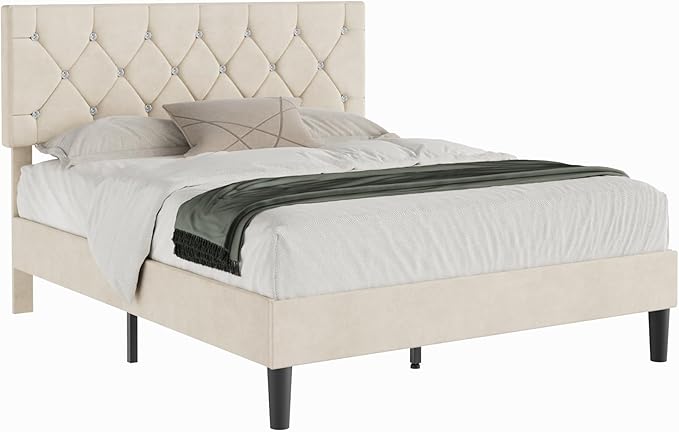 VECELO Queen Size Bed Frame, Upholstered Platform with Adjustable Diamond Tufted Headboard, Wood Slat Support, No Box Spring Needed, Pala Beige