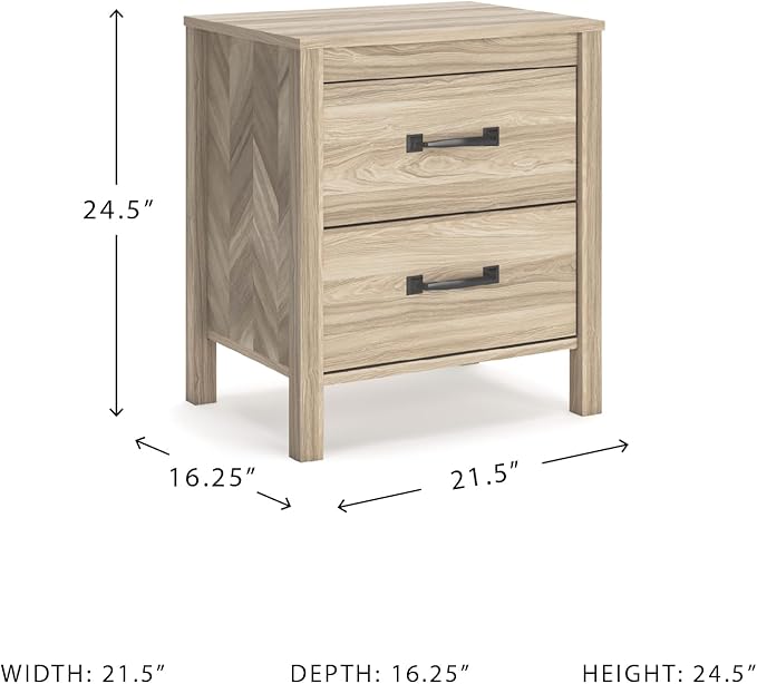 Signature Design by Ashley Battelle Mid-Century Modern Nightstand with Chevron Pattern, 2 Storage Drawers, Dark-Color Hardware, Wood, 24.5" High, Light Brown