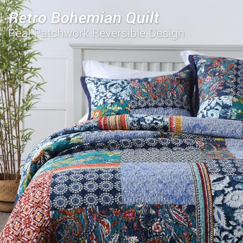 King Quilt Set Reversible Lightweight Bohemian Paisley Patchwork Cotton Quilted Bedspread Coverlet Set 3