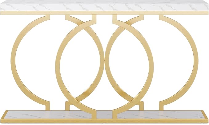 Tribesigns Gold Console Table, 55 inch Modern Entryway Table with Geometric Metal Frame, Faux Marble Narrow Long Sofa Table for Living Room, Entrance, Hallway, White and Gold