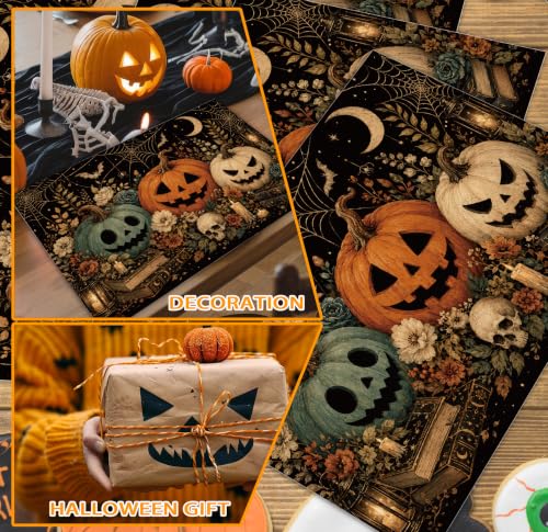 Halloween Placemats Set of 4 Botanical Pumpkin Linen Mats Floral 18x12 (4 Count)