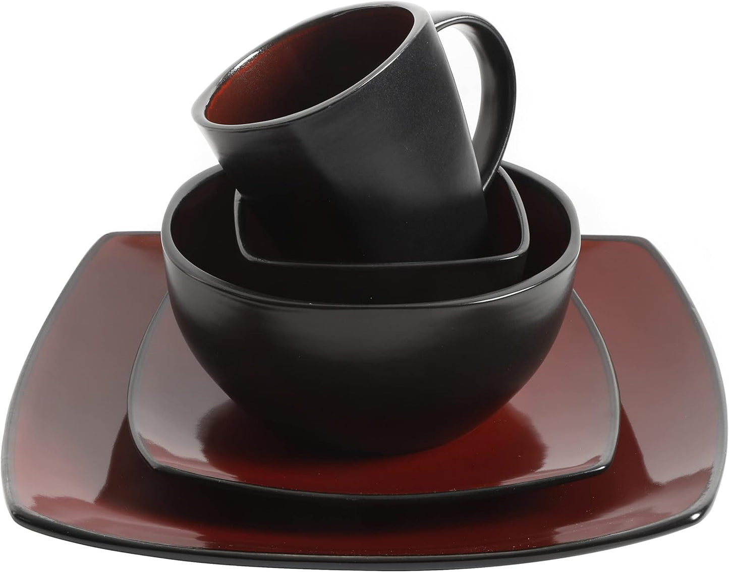 Gibson Elite Soho Lounge Square Reactive Glaze Stoneware Dinnerware Set, Service for 8 (40pc), Red/Black