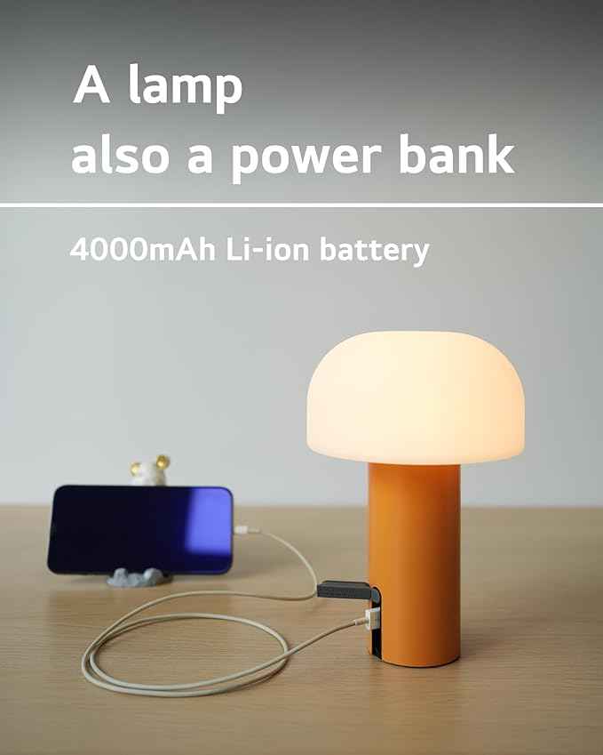 Cordless Mushroom Table Lamp, Waterproof Shower Lamp, Battery Operated Table Lamp Rechargeable, Touch Dimmable Night Light for Bedroom/Patio/Camping/Dinning/Outdoor (Orange)