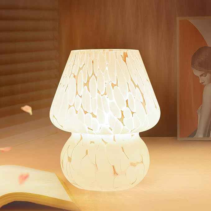 ONEWISH Mushroom Lamp Small Bedside Table Lamp-Nightstand Nightlight Dimmable Stepless, Translucent Glass White Desk Lamp for Bedroom Dorm Living Kitchen, Murano Style Aesthetic Cute Home Decor