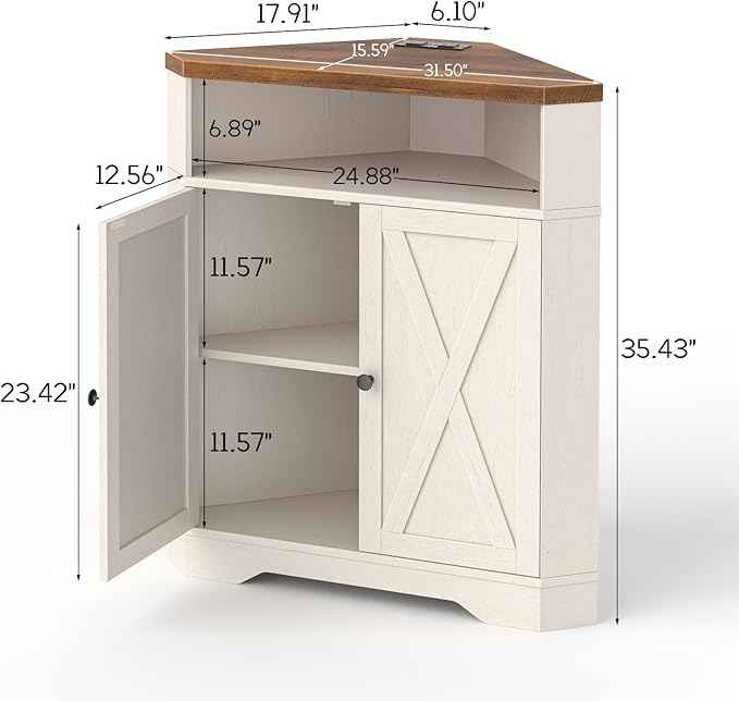 Vabches Corner Storage Cabinet, Small Corner Cabinet with USB Ports and Outlets Organizer, Barn Door Design and Adjustable Shelf, Living Room, Kitchen, Bathroom（White