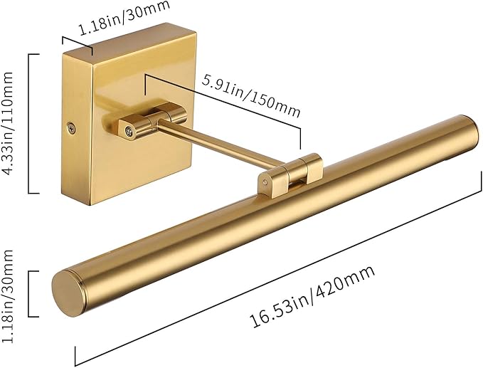 LED Picture Light Fixtures 16.54 Inches, Modern Metal Artwork Wall Lamps with Single Swing Arm, 9W (50W Eqv.), Hardwired Connection, Non-Dimmable, 3000K Warm White, CRI80+, Golden-Like Brass Finish