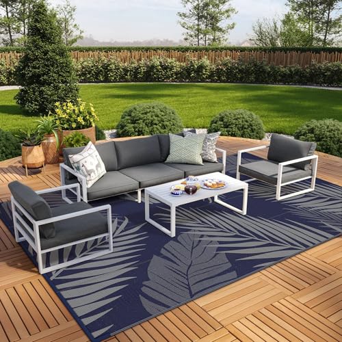 Outdoor Rug Waterproof Plastic Rugs 9'x18' for Camping Blue Grey