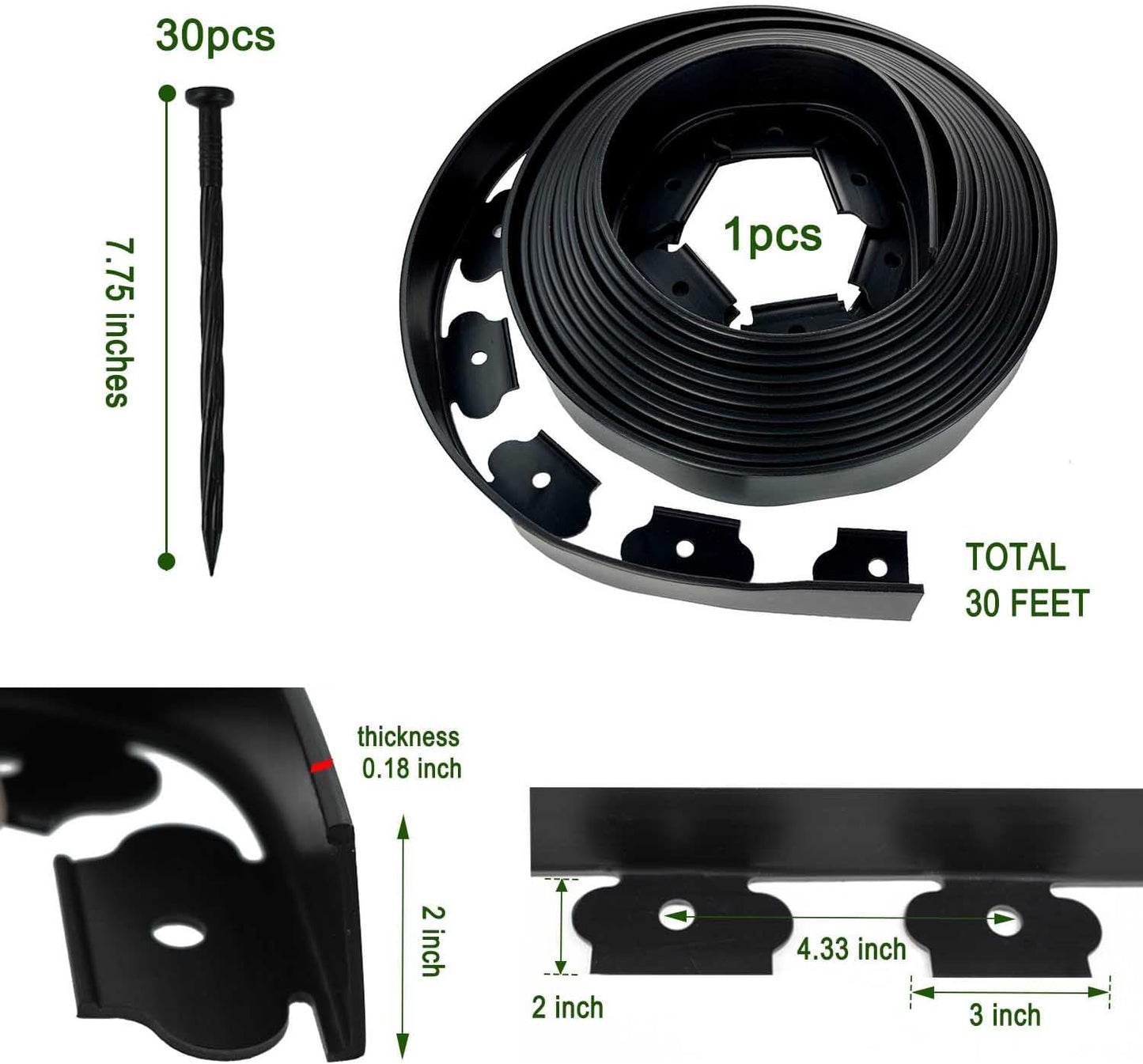 Hugeleaf Landscape Edging 2 Inch Tall, 30 Feet Garden Edging Border with 30pcs Stakes, Plastic Edging for Landscaping,Lawn,Flower Beds, Paver Edging (Black)