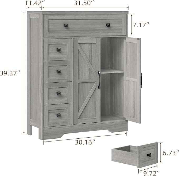 Vabches Farmhouse Storage Cabinet with 2 Doors and 5 Drawers, Freestanding Bathroom Cabinets Kitchen Pantry, Floor Storage Cabinet Hutch Cupboard for Living Room/Bathroom/Kitchen.Wash Grey