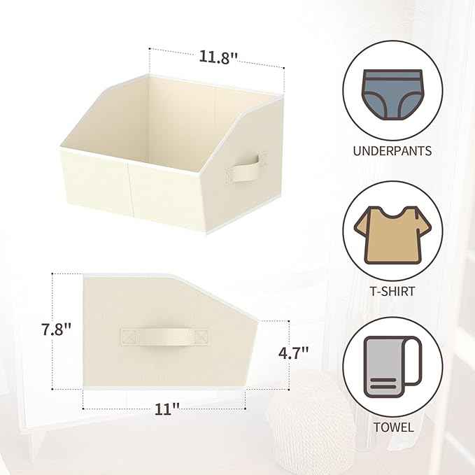 Storage Bins for Shelves - Small Trapezoid Closet Shelf Organizer, Fabric Organization Bins with Handles, Storage Baskets for Clothes, Towel, Purse, 6 Pack, Beige