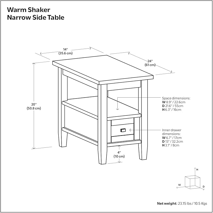 SIMPLIHOME Warm Shaker End Table - 14 inch Wide Solid Wood Narrow Side Table in Black, Transitional Accent Table for Living Room or Bedroom with Drawer, Open Shelf and Square Tapered Legs