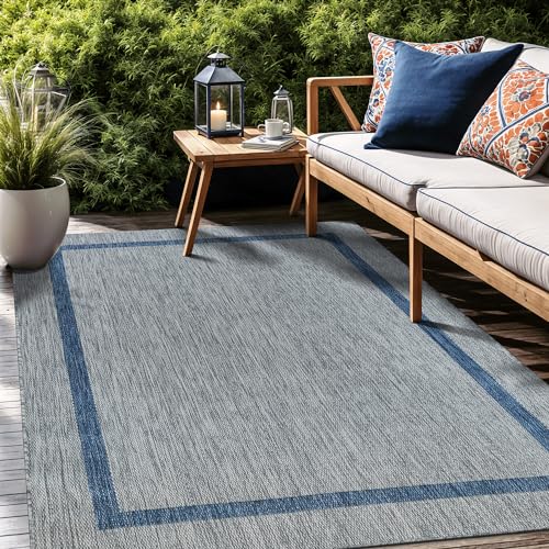 Bordered Outdoor Rug 6x9 Washable Outside Carpet for Indoor Patio Porch Waterproof Easy Cleaning Non Shedding Area Rugs Silver Gray