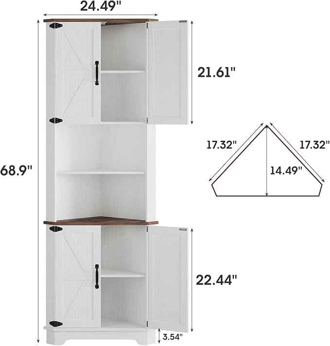 Vabches 68.9" Tall Corner Cabinet, Farmhouse Style Storage Cabinet with Adjustable Shelve, Barn Door Design, Home Space Saver for Kitchen,Bathroom, Living Room, Dining Room (White)