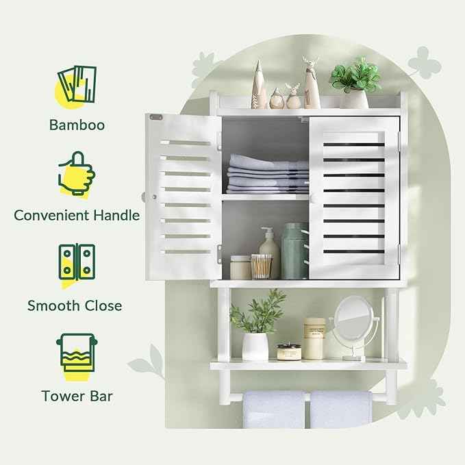 AmazerBath Bathroom Wall Cabinets, Bamboo Medicine Cabinets with Towel Bar, Hanging Over The Toilet Storage Cabinet with Adjustable Shelves, Organizer Cabinet for Small Spaces, 8.3x16.5x26.6 Inches