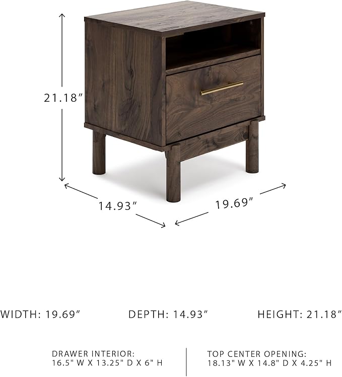 Signature Design by Ashley Calverson Modern 1 Drawer Nightstand with Open Cubby, 21.18" Tall, Dark Brown
