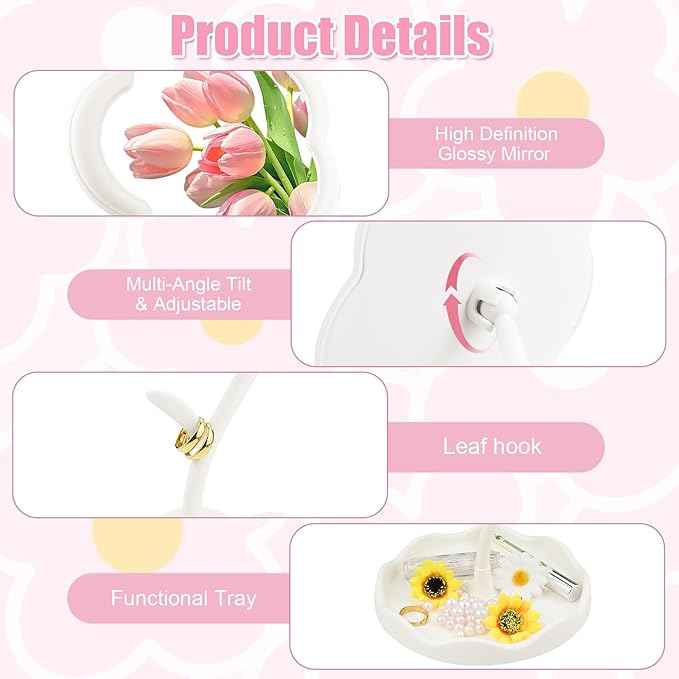 Desk Mirror, Desk Flower Compact Adjustable Vanity Mirror, Office Cubicle with Jewelry Tray & Foundation Brush, Cute Makeup Mirror with Standing, Home Decor for Bedroom Living Room Dormitory(White)