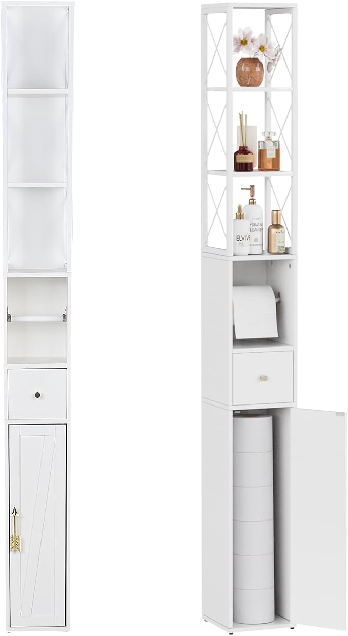 VECELO Storage Cabinet, 67" Tall Narrow Bathroom Cabinet with X-Frame Metal Design, Toilet Paper Holder, Magnetic Door & Drawer, for Small Spaces, Pearl White