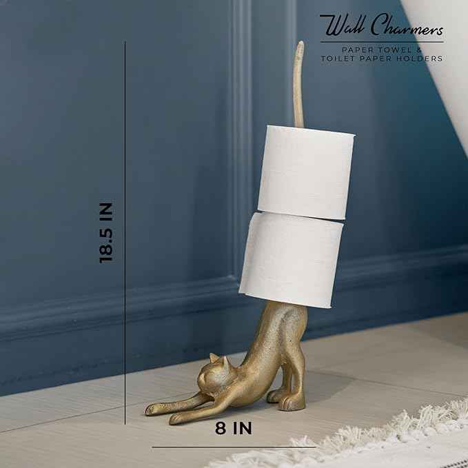 WallCharmers Gold Paper Towel Holder, Metal Toilet or Kitchen Paper Holder for Floor or Countertop, Gold Cat