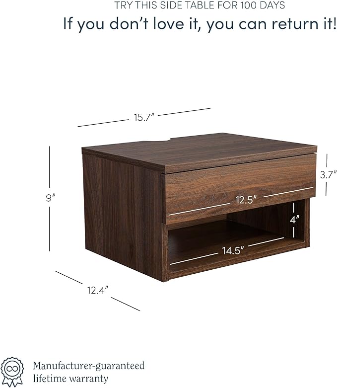 Nathan James Jackson Wall Mounted Floating Bedroom Nightstand with Storage Drawer and Modern Open Shelf Cubby, Dark Brown Walnut