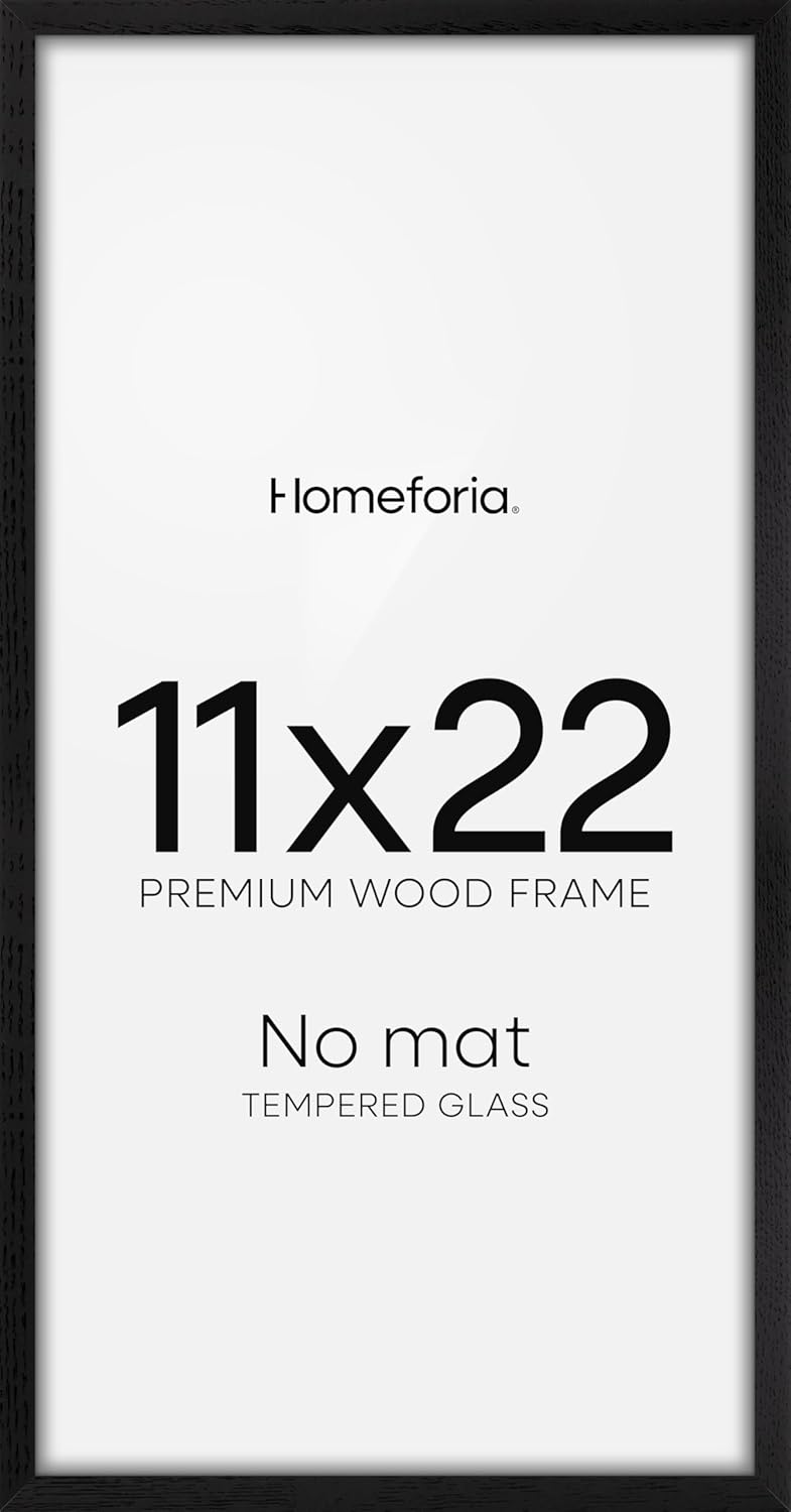 Homeforia 11x22 Black Wood Frame, High End Oak 11 x 22 Newspaper Display Frames without Mat, Wooden 22x11 Thin Picture Frames for Wall, 11 by 22 Black Poster Frames, Tempered Glass, Wall Kit, Set of 1