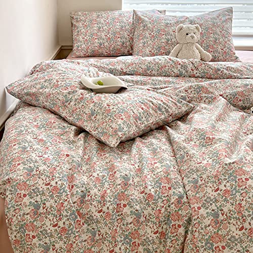 Queen Size Comforter Set Boho Pink Floral Bedding Comforter with 2 Pillowcases Vintage Garden Style Boho Comforter for Queen Bed Cute Flower Bedding Fluffy Cottagecore Botanical Comforter Set