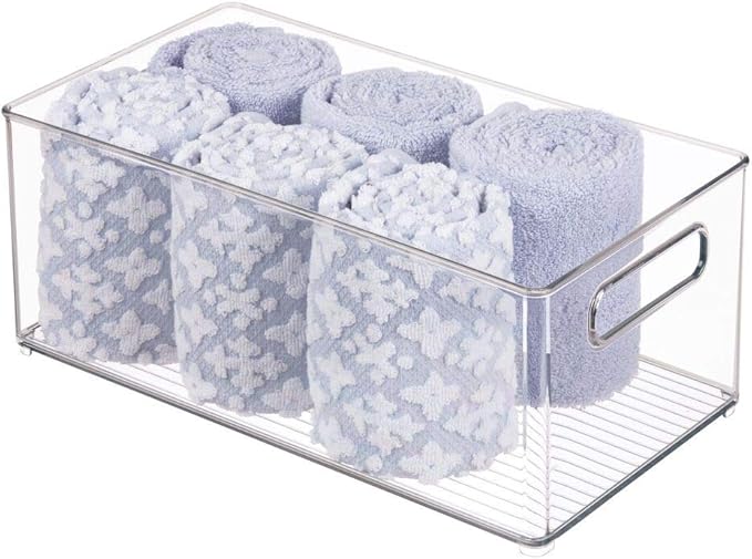 mDesign Plastic Bathroom Storage Container Bins w/ Handles - Closet, Cabinet, Vanity, Cupboard Shelf Organization, Hair Tools Accessory Organizer - Ligne Collection; Clear, 14.6x8.1x6 (Pack of 4)