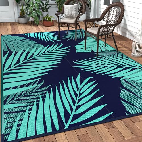 Outdoor Rug Waterproof Plastic Rugs 10'x14' for Camping Blue Green