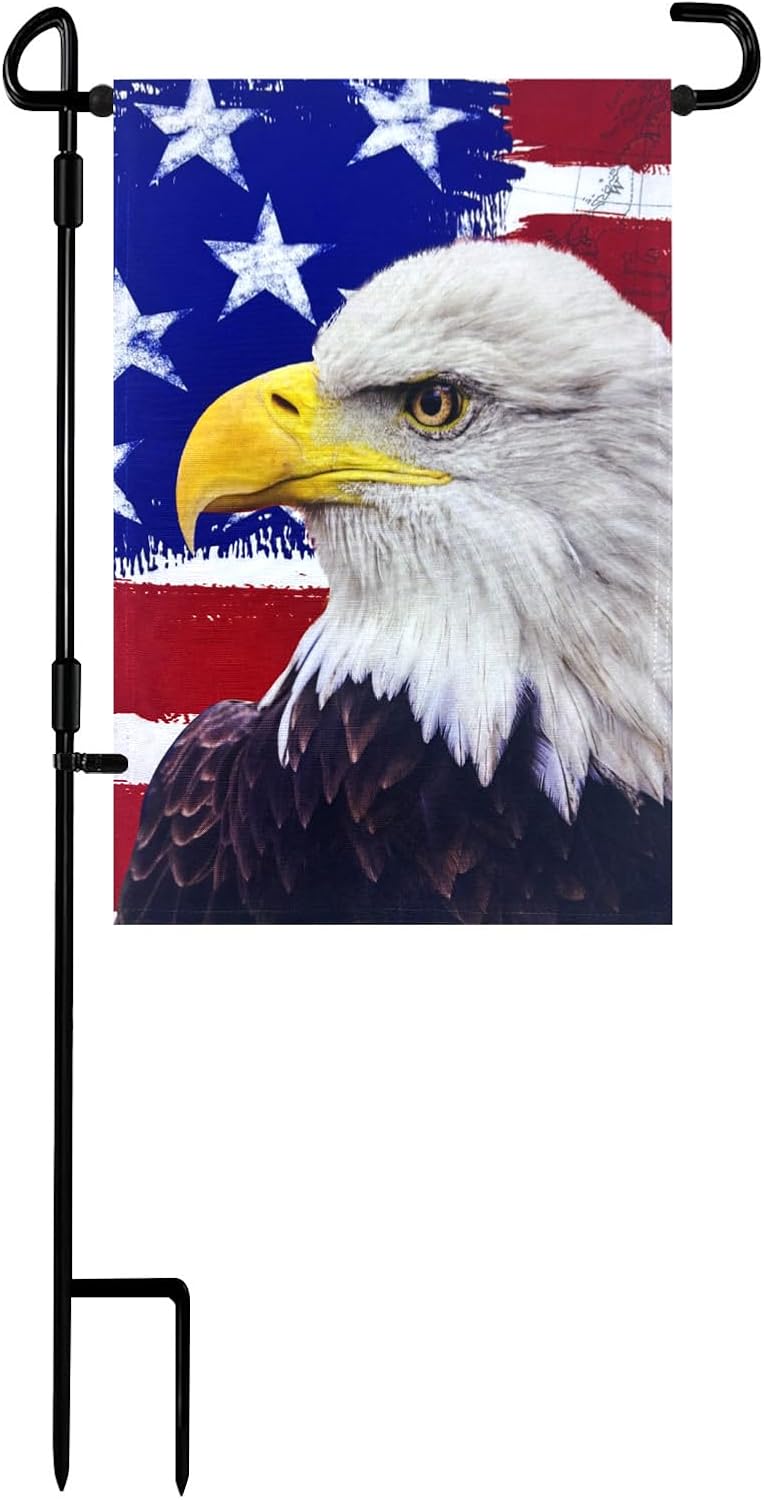 TOPFLAGS Garden Flag Stand with American Garden Flags Patriotic Stars and Eagle Yard Flag 12x18 Inch Holder Pole Stake Double Side for Outside with Clips and Stopper for Memorial Day 4 th of July