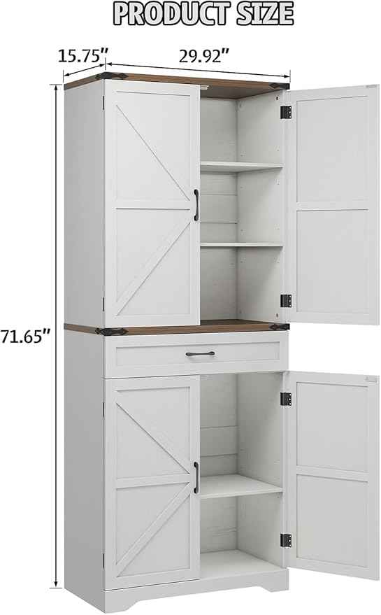 Vabches 72" Kitchen Pantry Storage Cabinet with Large Capacity Drawer, Adjustable Shelves, Freestanding Cupboard for Kitchen, Dining Room, Living Room, White