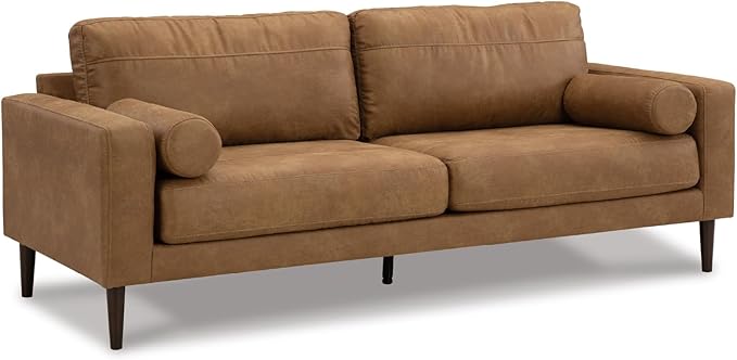 Signature Design by Ashley Telora Faux Leather Sofa, 2 Bolster Pillows, Loose Cushions, Faux Wood Finish Accent Legs, 85" W x 35" D x 35" H, Dark Brown
