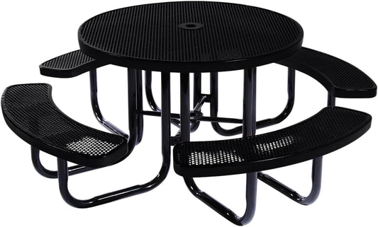 Heavy-Duty Portable Outdoor Picnic Table with Umbrella Hole, Punched Steel Commercial-Grade Patio Dining Furniture Made in America (46" Round Top, Black)
