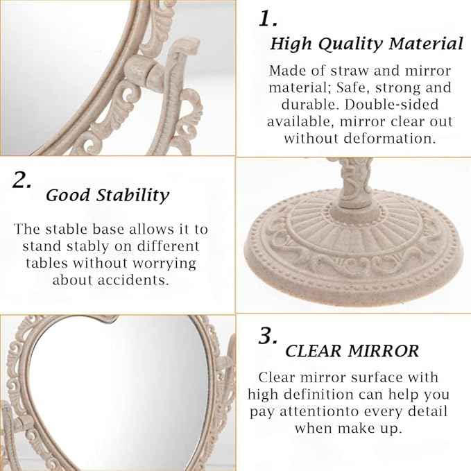 AKOAK Heart-Shaped Cosmetic Mirror - Plastic, Double-Sided, Rotatable, Lightweight - Bathroom & Bedroom Mirror (Beige)