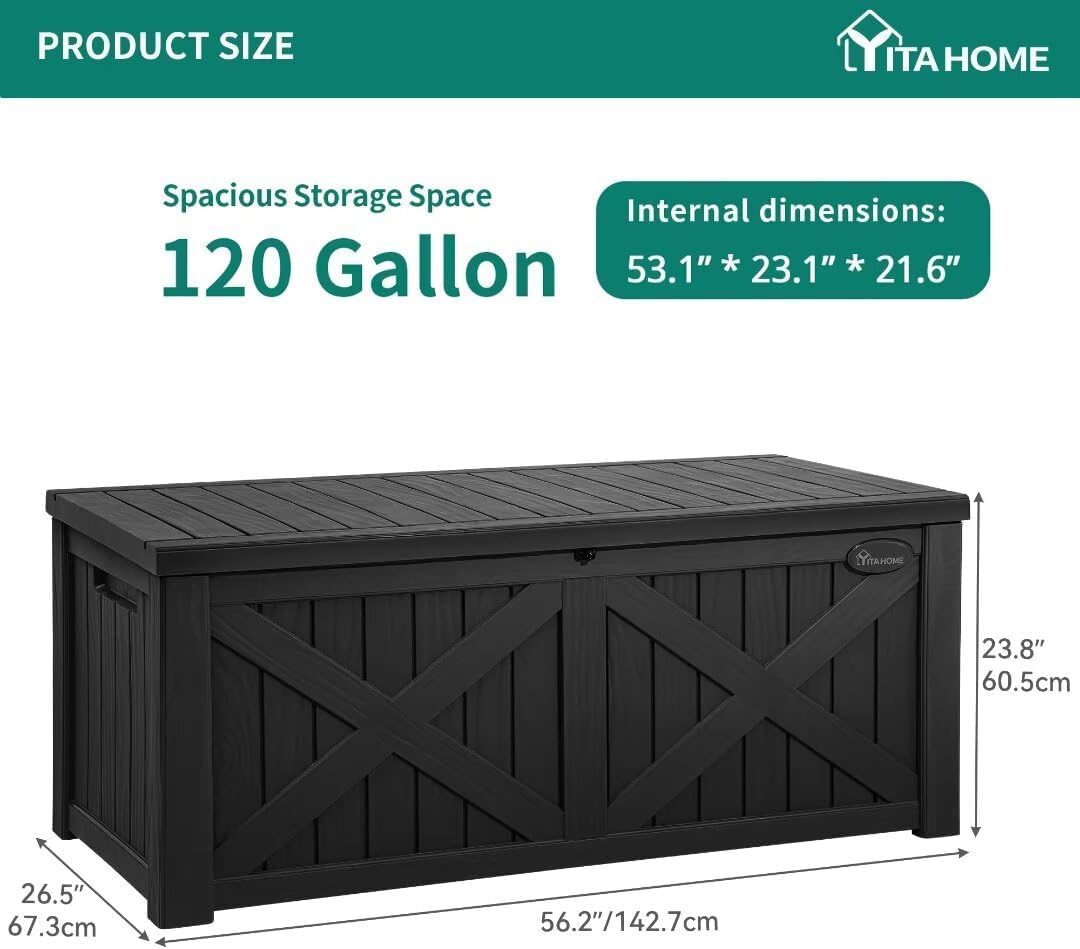 YITAHOME 120 Gallon Large Outdoor Storage Box with X-Shaped Front, Waterproof Resin Deck Box Cushion Storage Bench for Patio, Pool Supplies, Garden Tools - Lockable, Black
